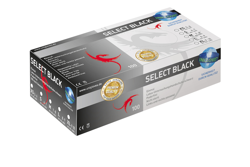 Unigloves Select Black schwarze Latex-Untersuchungshandschuhe Box á 100 Stück
